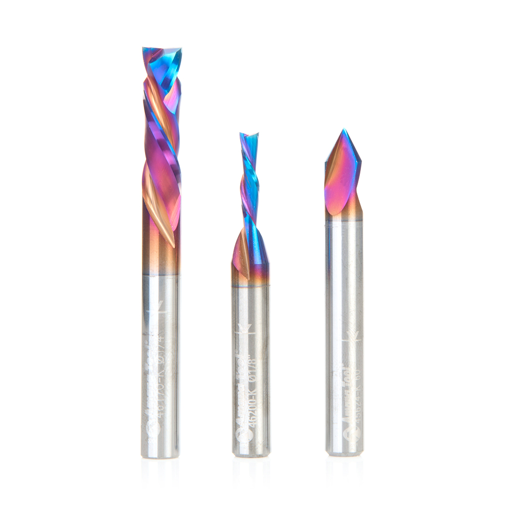 AMS-247-K 3-Pc Solid Carbide Spektra™ Extreme Tool Life Coated  Signmaking/Engraving CNC Router Bit Pack, 1/4 Shank